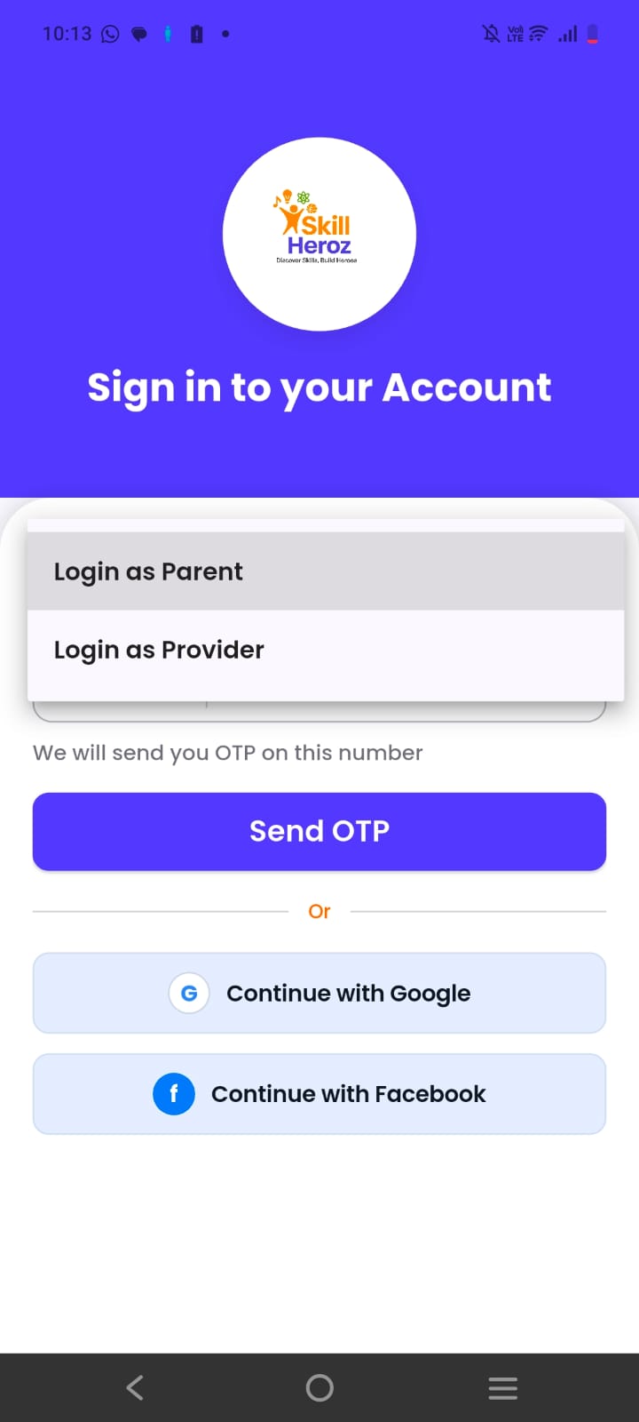 Skill Heroz sign in app screen